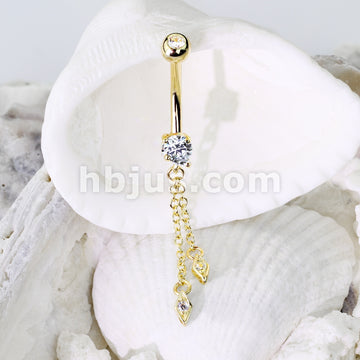 14KT  Gold 14K Gold Hanging Jeweled Dangle CZ Prong Navel Belly Button Ring - Image 5