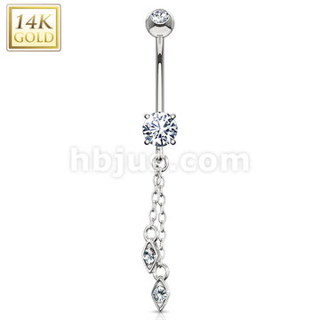 14KT  Gold 14K Gold Hanging Jeweled Dangle CZ Prong Navel Belly Button Ring - Image 2