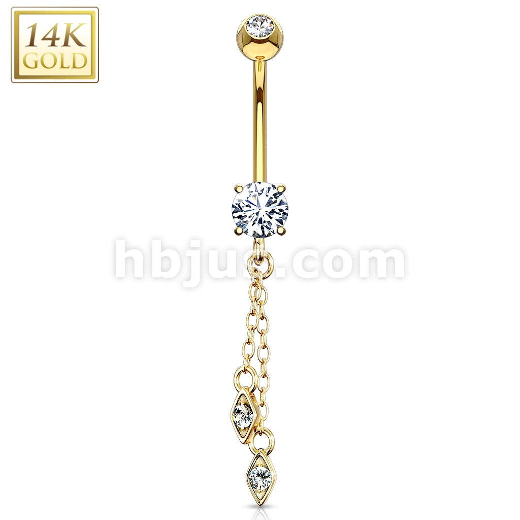 14KT  Gold 14K Gold Hanging Jeweled Dangle CZ Prong Navel Belly Button Ring - Image 3
