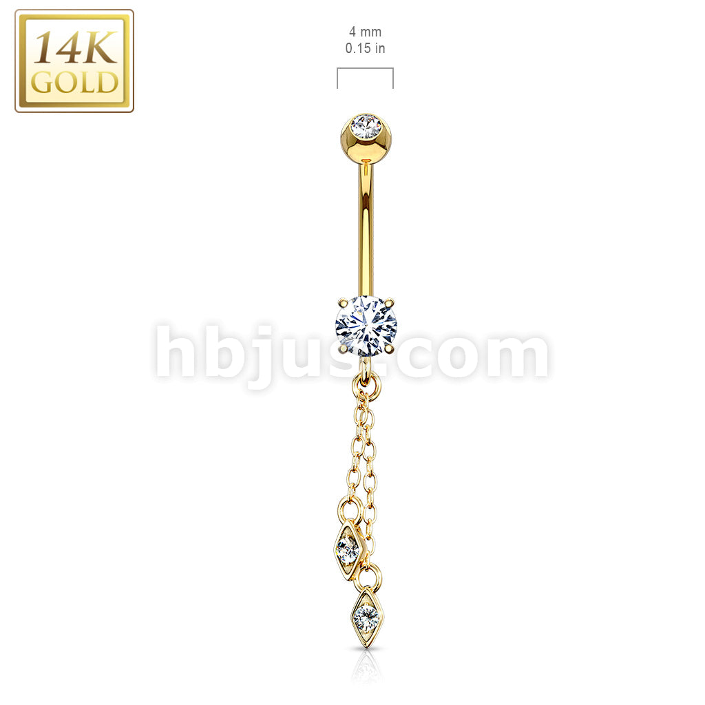 14KT  Gold 14K Gold Hanging Jeweled Dangle CZ Prong Navel Belly Button Ring - Image 4