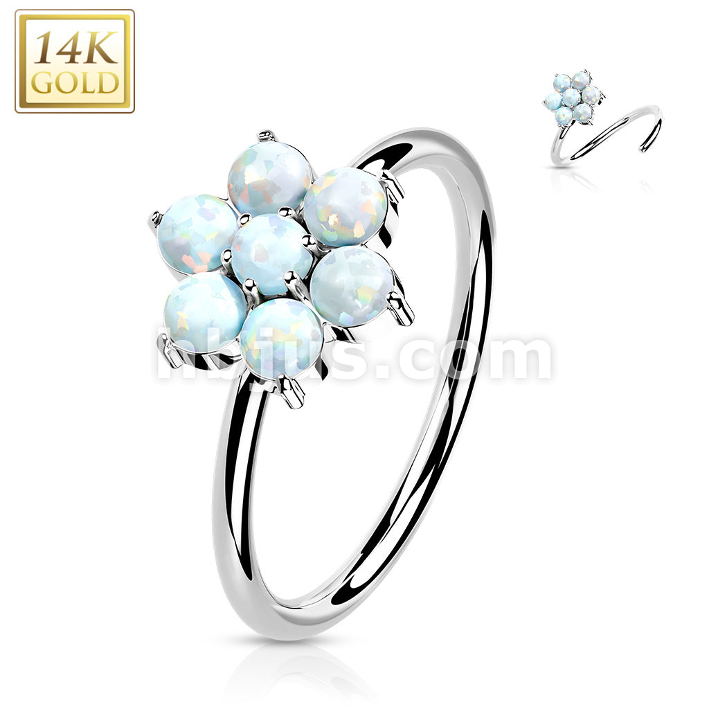 14KT  Gold 14K Gold Opal or CZ SetFlower Nose Hoop - Image 3