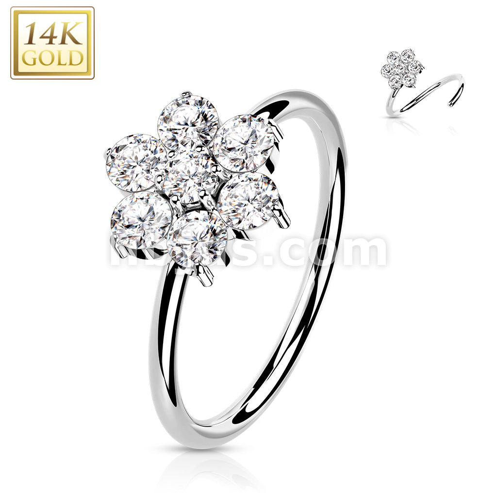 14KT  Gold 14K Gold Opal or CZ SetFlower Nose Hoop - Image 4