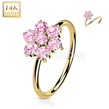 14KT  Gold 14K Gold Opal or CZ SetFlower Nose Hoop - Image 9