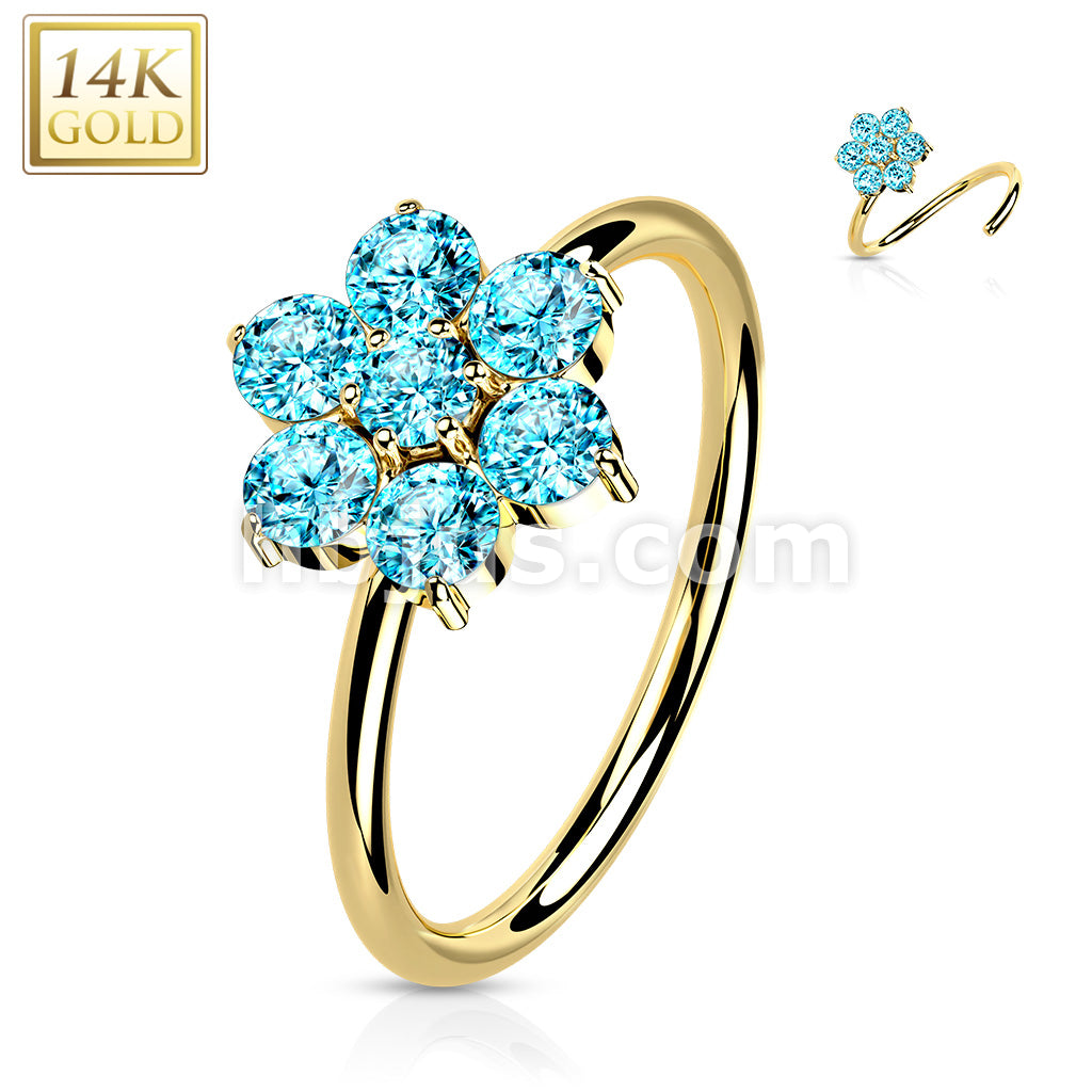 14KT  Gold 14K Gold Opal or CZ SetFlower Nose Hoop - Image 10
