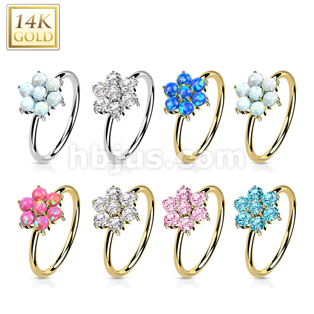 14K Gold Opal or CZ SetFlower Nose Hoop - Image 12
