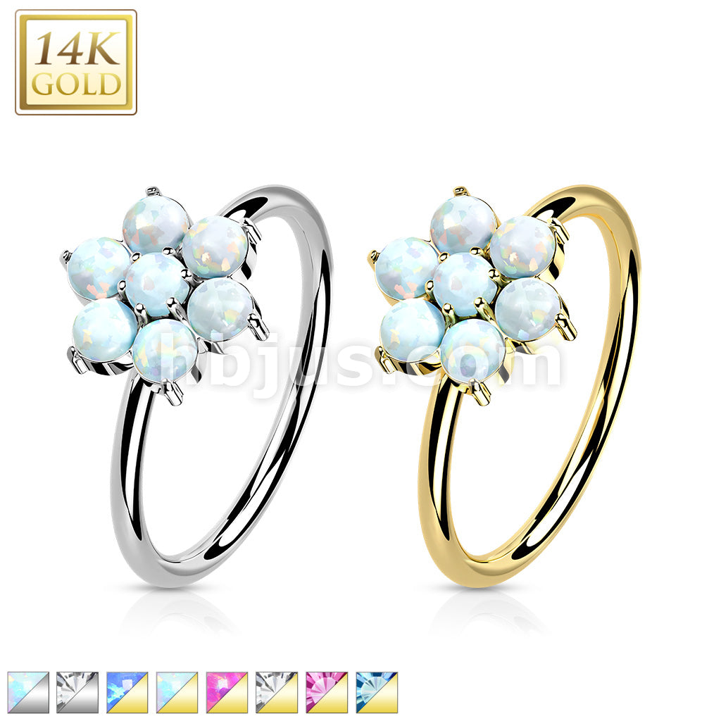 14KT  Gold 14K Gold Opal or CZ SetFlower Nose Hoop - Image 2