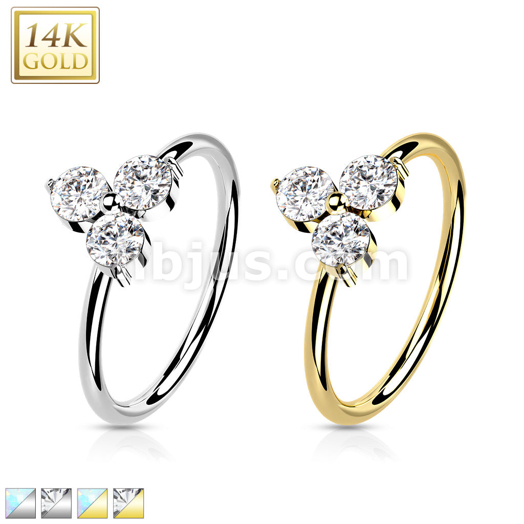 14KT  Gold 14K Gold 3 Opal or CZ Triangle Set  Nose Hoop - Image 2