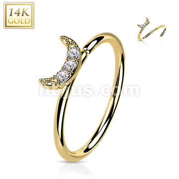 14K Gold CZ Paved Crescent Moon Nose Hoop - Image 4