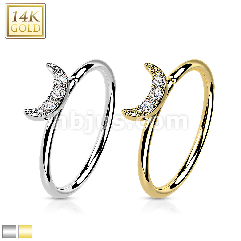 14KT  Gold 14K Gold CZ Paved Crescent Moon Nose Hoop - Image 2