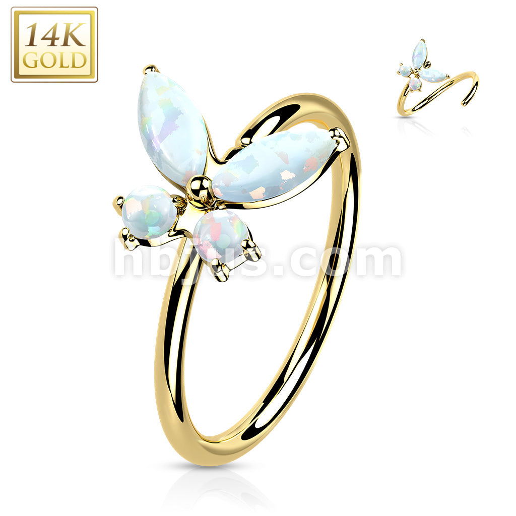 14KT  Gold 14K Gold Opal or CZButterfly Nose Hoop - Image 6