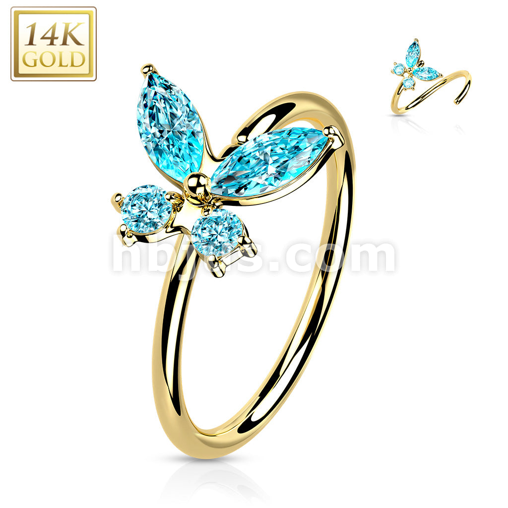 14KT  Gold 14K Gold Opal or CZButterfly Nose Hoop - Image 10
