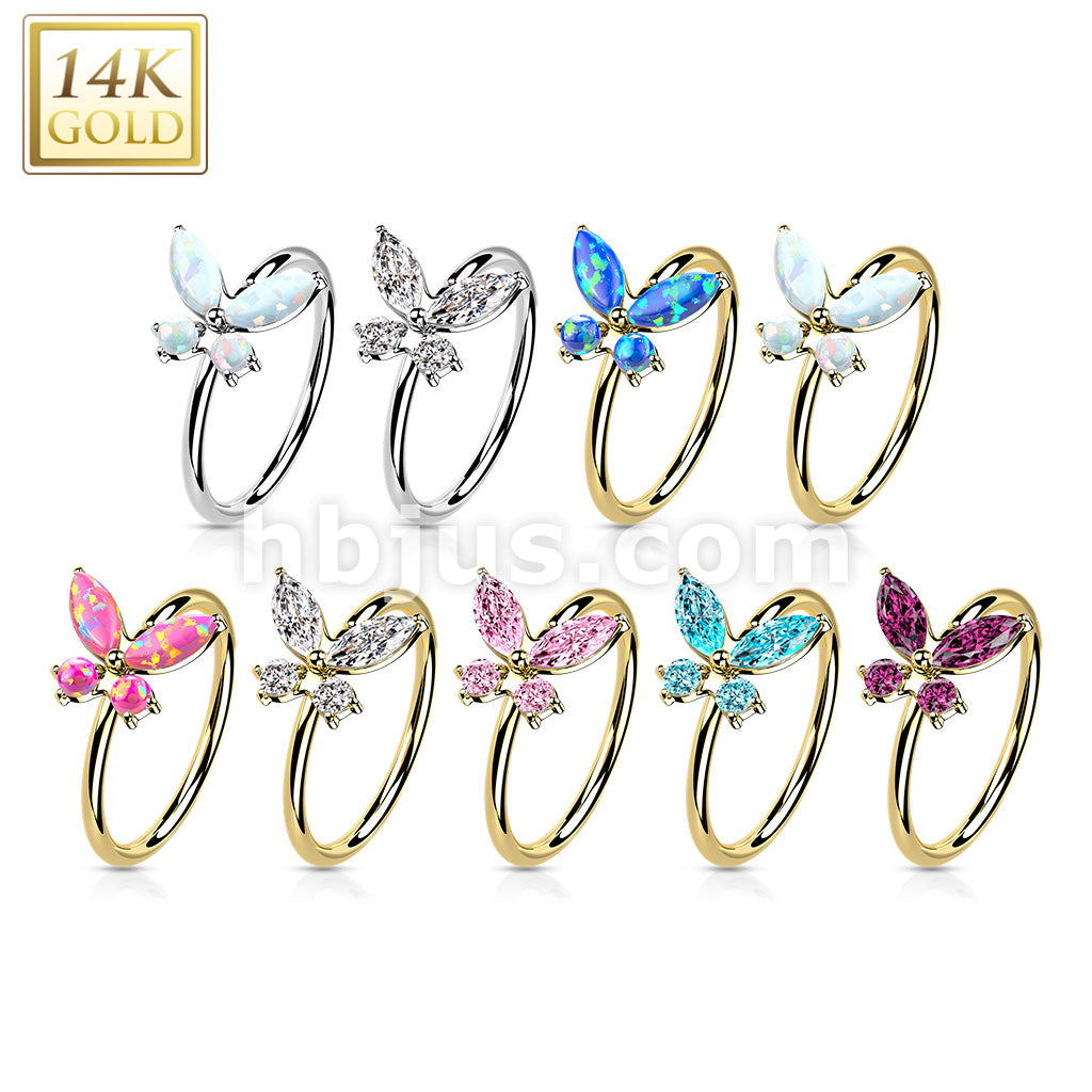 14KT  Gold 14K Gold Opal or CZButterfly Nose Hoop - Image 13