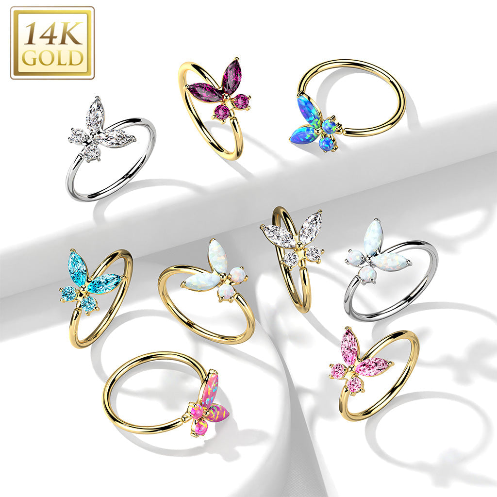 14KT Gold 14K Gold Opal or CZButterfly Nose Hoop