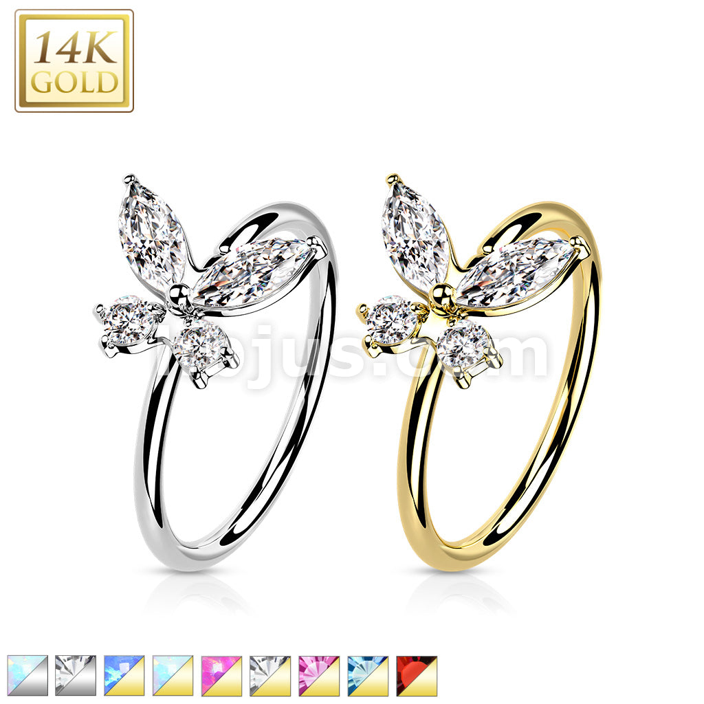 14KT  Gold 14K Gold Opal or CZButterfly Nose Hoop - Image 2