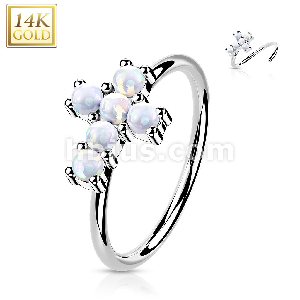 14KT  Gold 14K Gold Opal or CZ SetCross Nose Hoop - Image 3