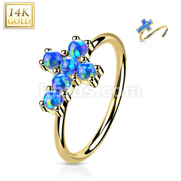 14KT  Gold 14K Gold Opal or CZ SetCross Nose Hoop - Image 5