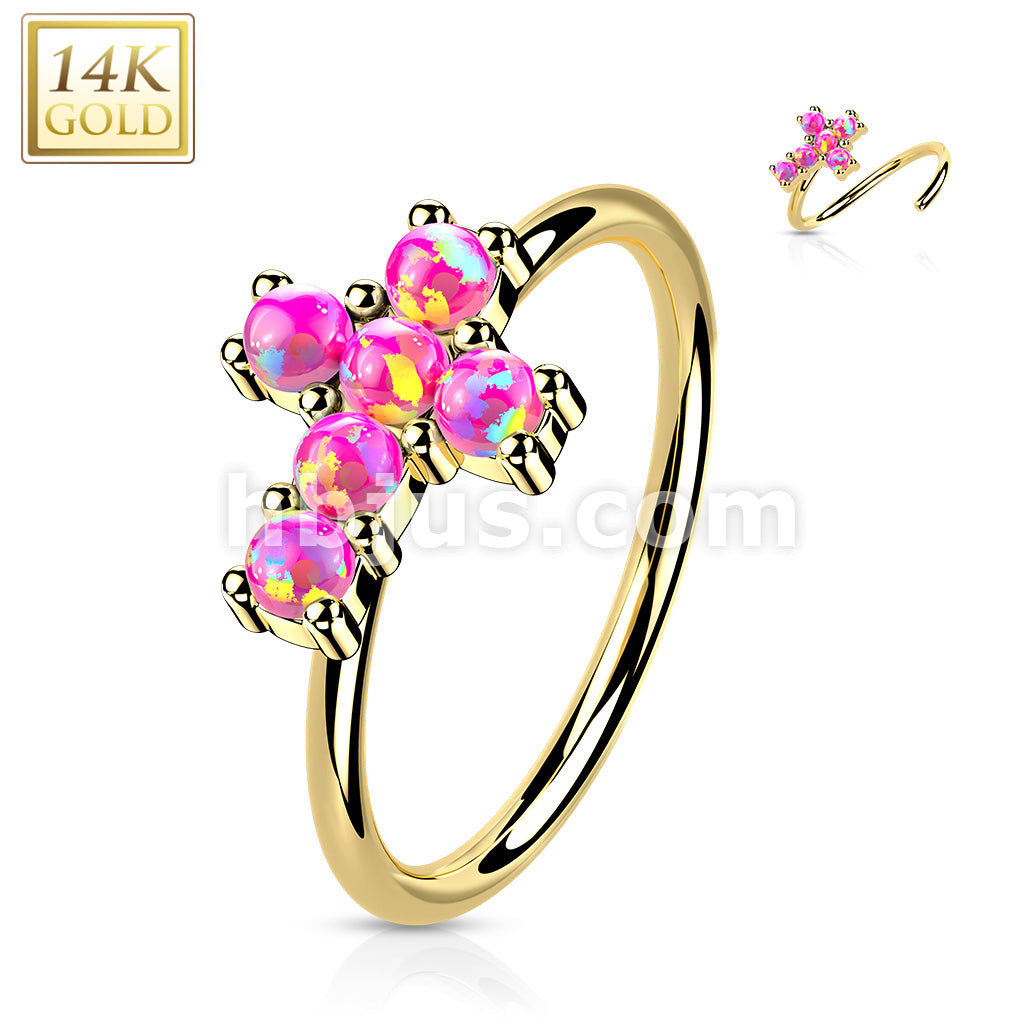 14KT  Gold 14K Gold Opal or CZ SetCross Nose Hoop - Image 7