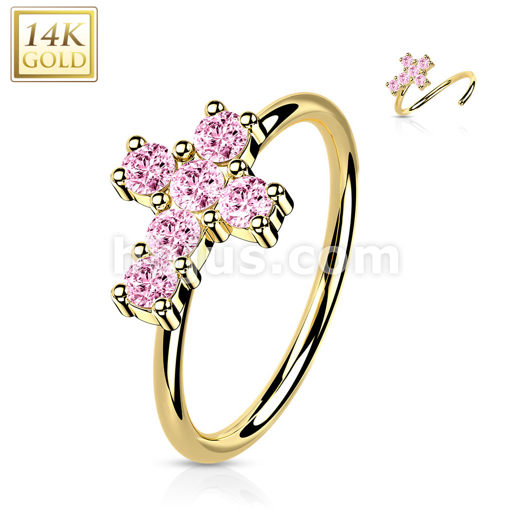 14KT  Gold 14K Gold Opal or CZ SetCross Nose Hoop - Image 10