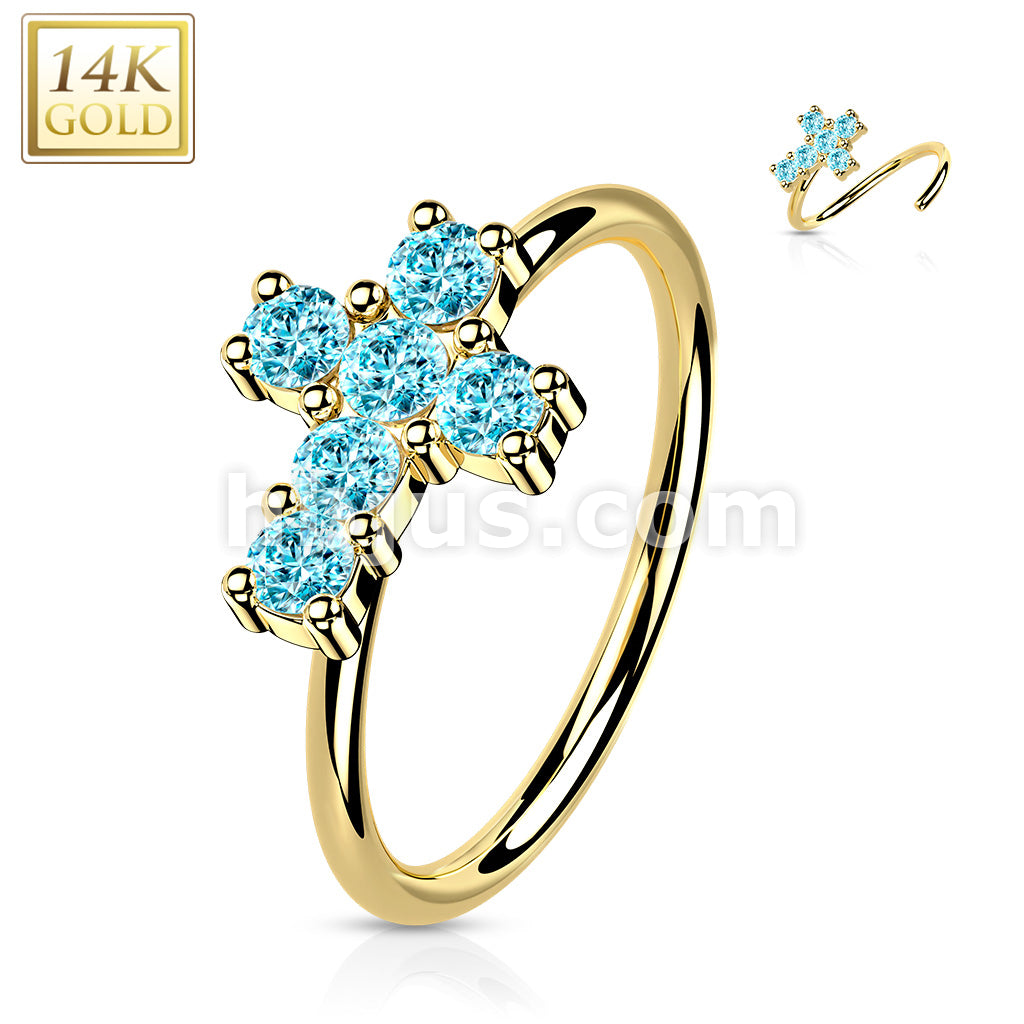 14KT  Gold 14K Gold Opal or CZ SetCross Nose Hoop - Image 9