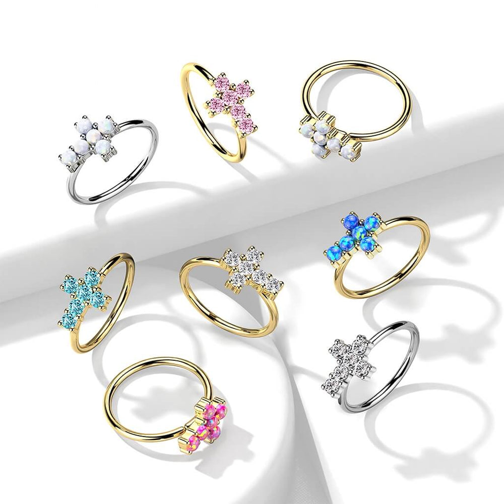 14KT Gold 14K Gold Opal or CZ SetCross Nose Hoop
