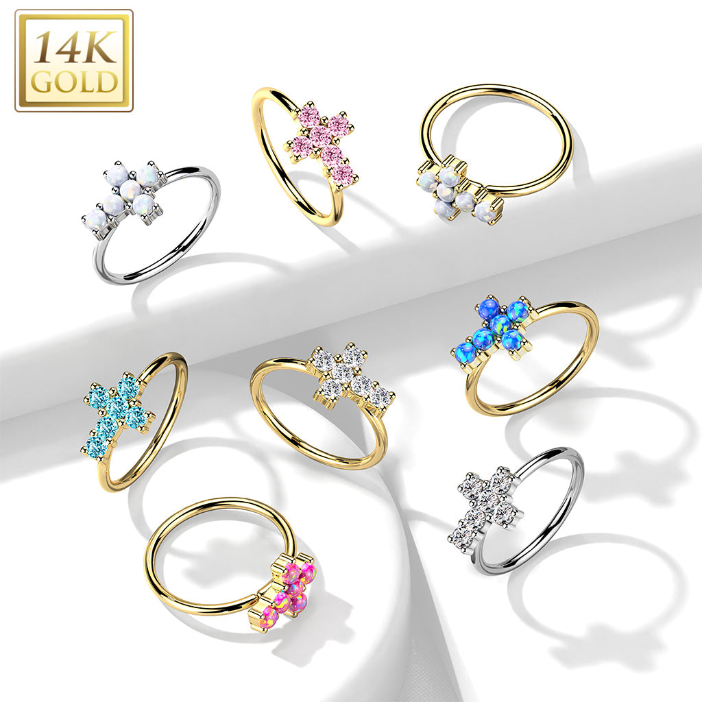 14K Gold Opal or CZ SetCross Nose Hoop