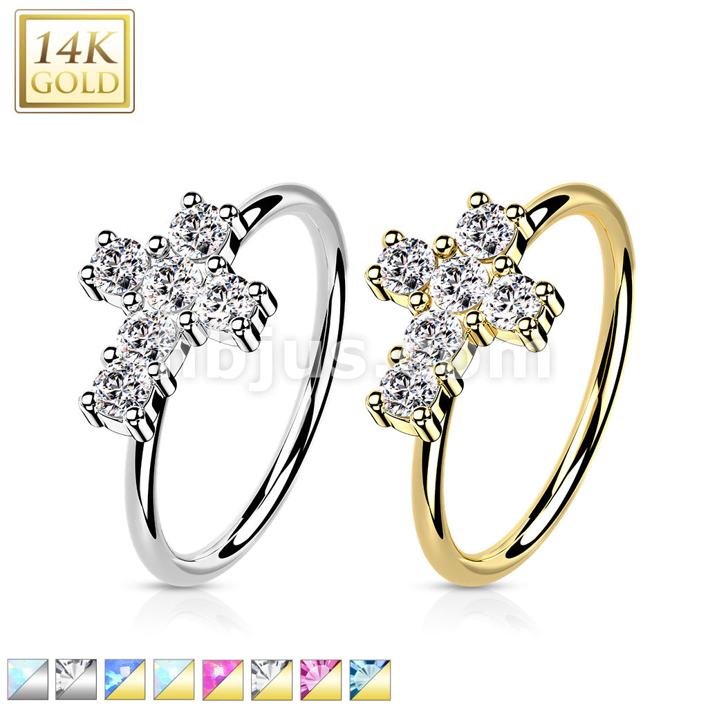 14KT  Gold 14K Gold Opal or CZ SetCross Nose Hoop - Image 2