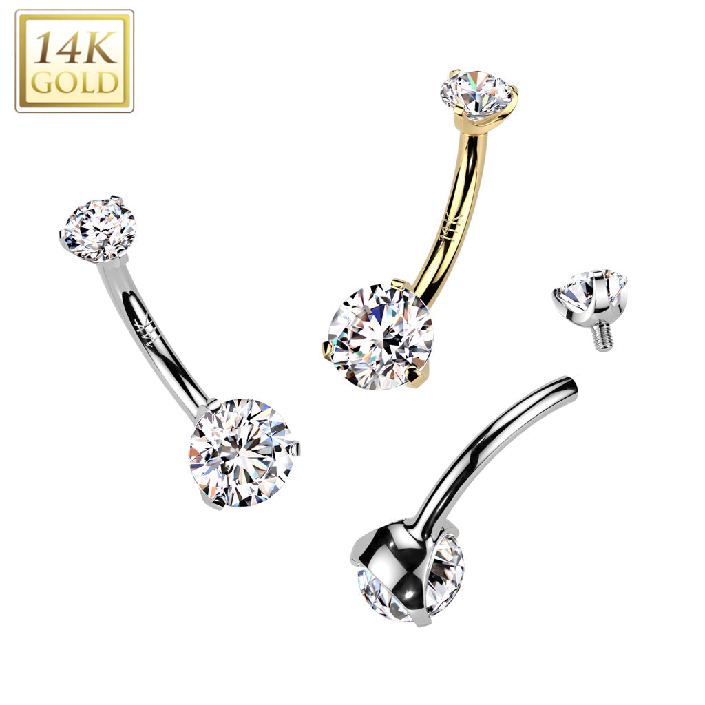 14K Gold Internally Threaded Double Round Prong Set CZ Belly Button Navel Ring