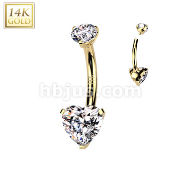 14K Gold Internally Threaded Heart Prong Set CZ Bottom Belly Button Navel Ring With Prong Set CZ Top  - Image 3