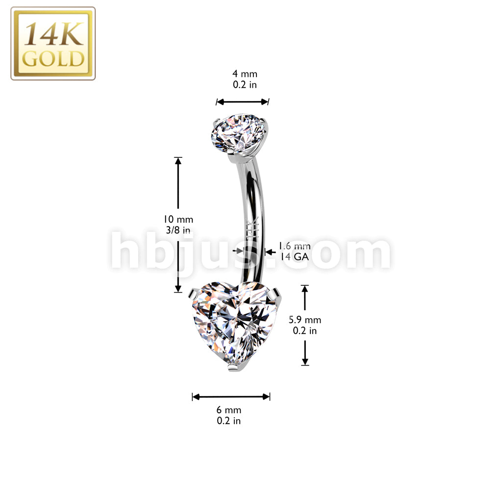 14K Gold Internally Threaded Heart Prong Set CZ Bottom Belly Button Navel Ring With Prong Set CZ Top  - Image 4