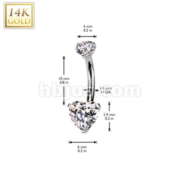 14K Gold Internally Threaded Heart Prong Set CZ Bottom Belly Button Navel Ring With Prong Set CZ Top  - Image 4