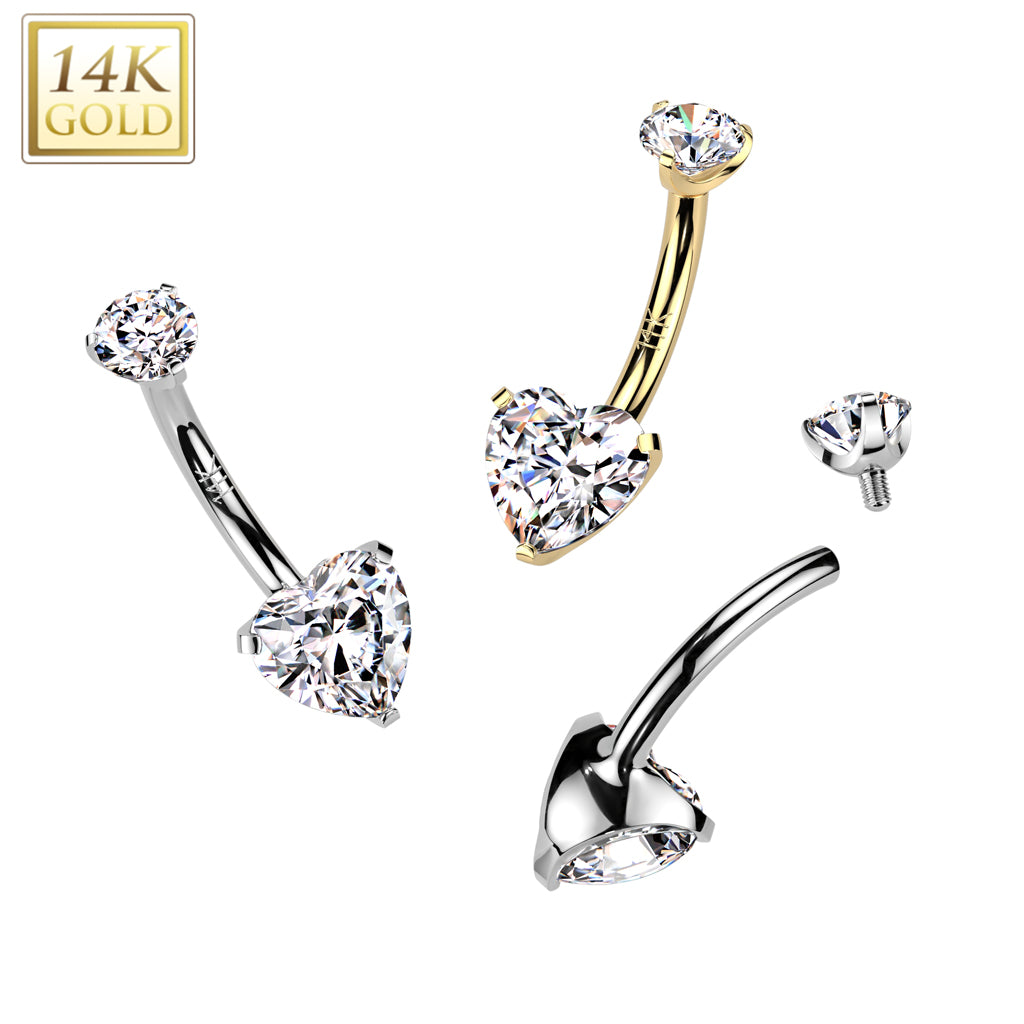 14K Gold Internally Threaded Heart Prong Set CZ Bottom Belly Button Navel Ring With Prong Set CZ Top