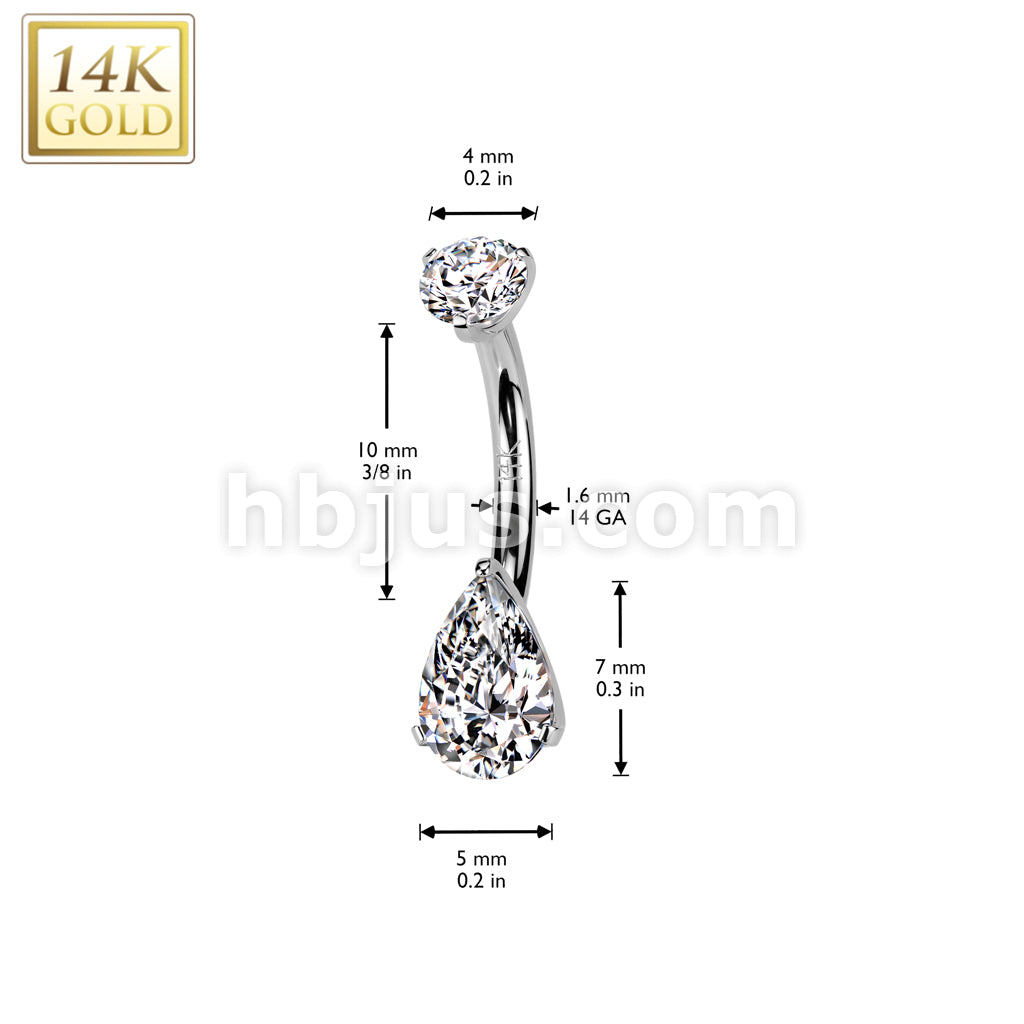 14K Gold Internally Threaded Teardrop Prong Set CZ Bottom Belly Button Navel Ring With Prong Set CZ Top  - Image 4