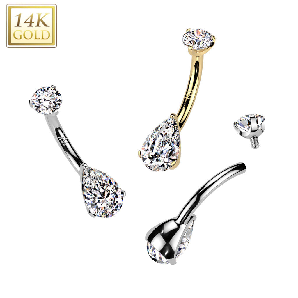 14K Gold Internally Threaded Teardrop Prong Set CZ Bottom Belly Button Navel Ring With Prong Set CZ Top