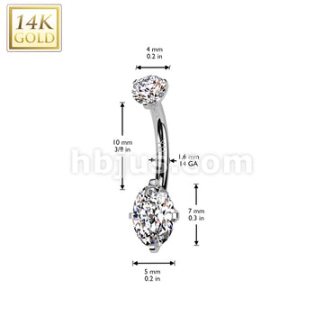 14K Gold Internally Threaded Oval Prong Set CZ Bottom Belly Button Navel Ring With Prong Set CZ Top  - Image 4