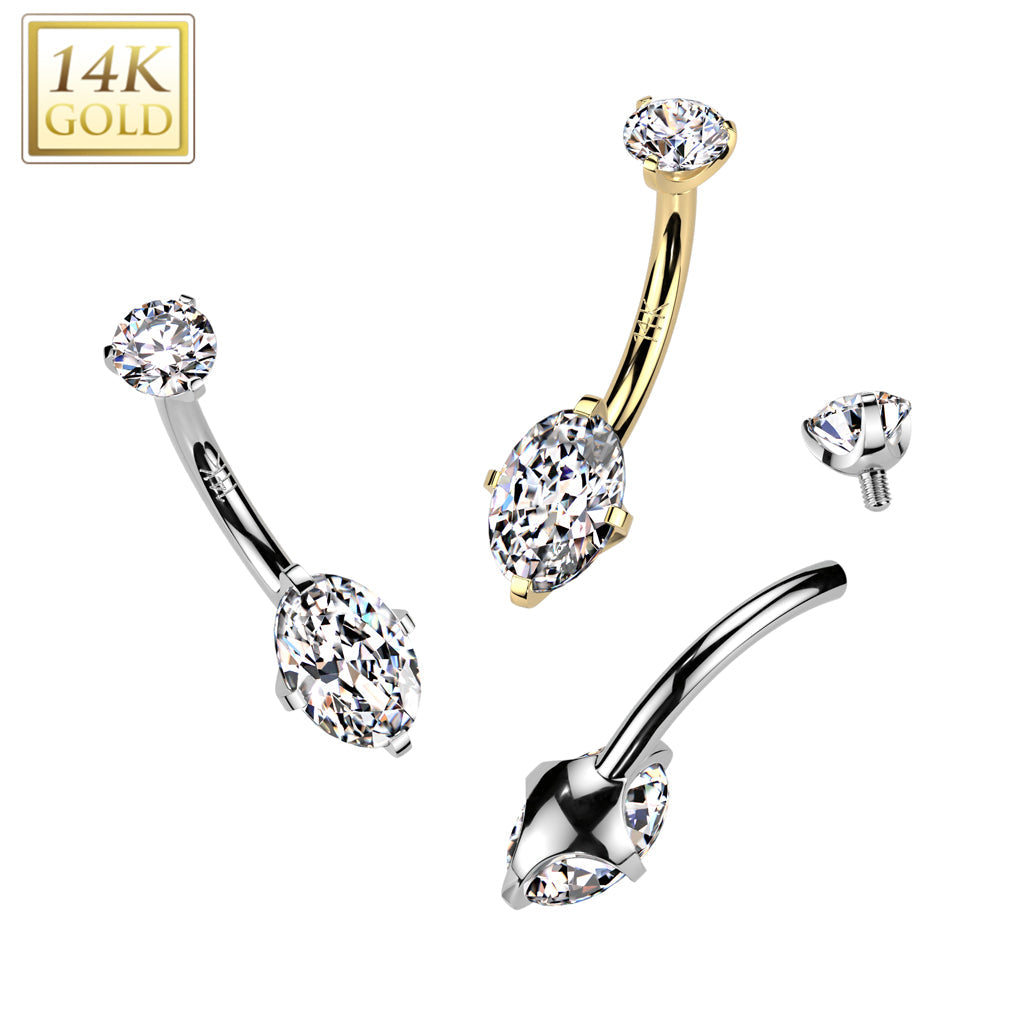 14K Gold Internally Threaded Oval Prong Set CZ Bottom Belly Button Navel Ring With Prong Set CZ Top