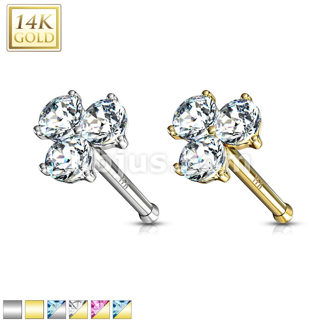 14KT  Gold Three Prong Set Round CZ Triangle Nose Stud Ring 14 Karat...
