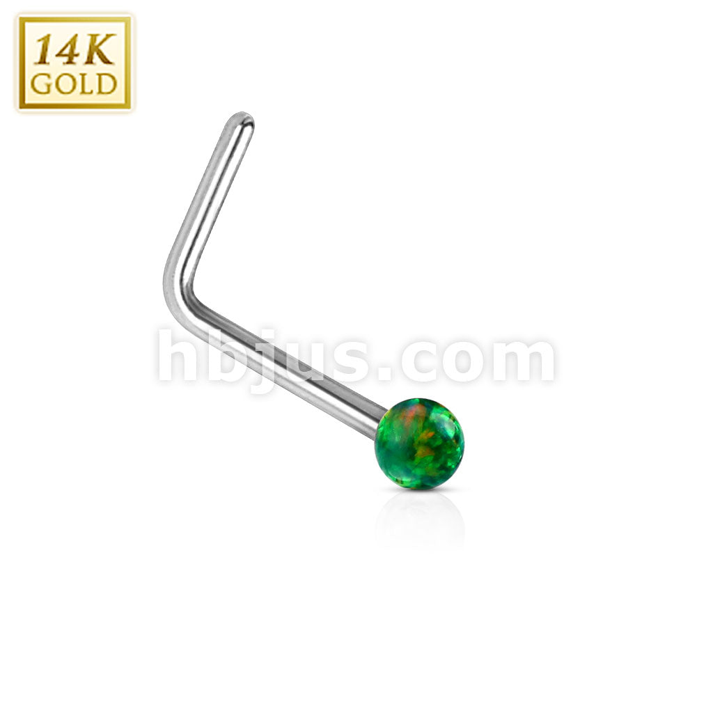 14KT  Gold 14Kt. White Gold L Bend Nose Stud Ring with Opal Ball - Image 2