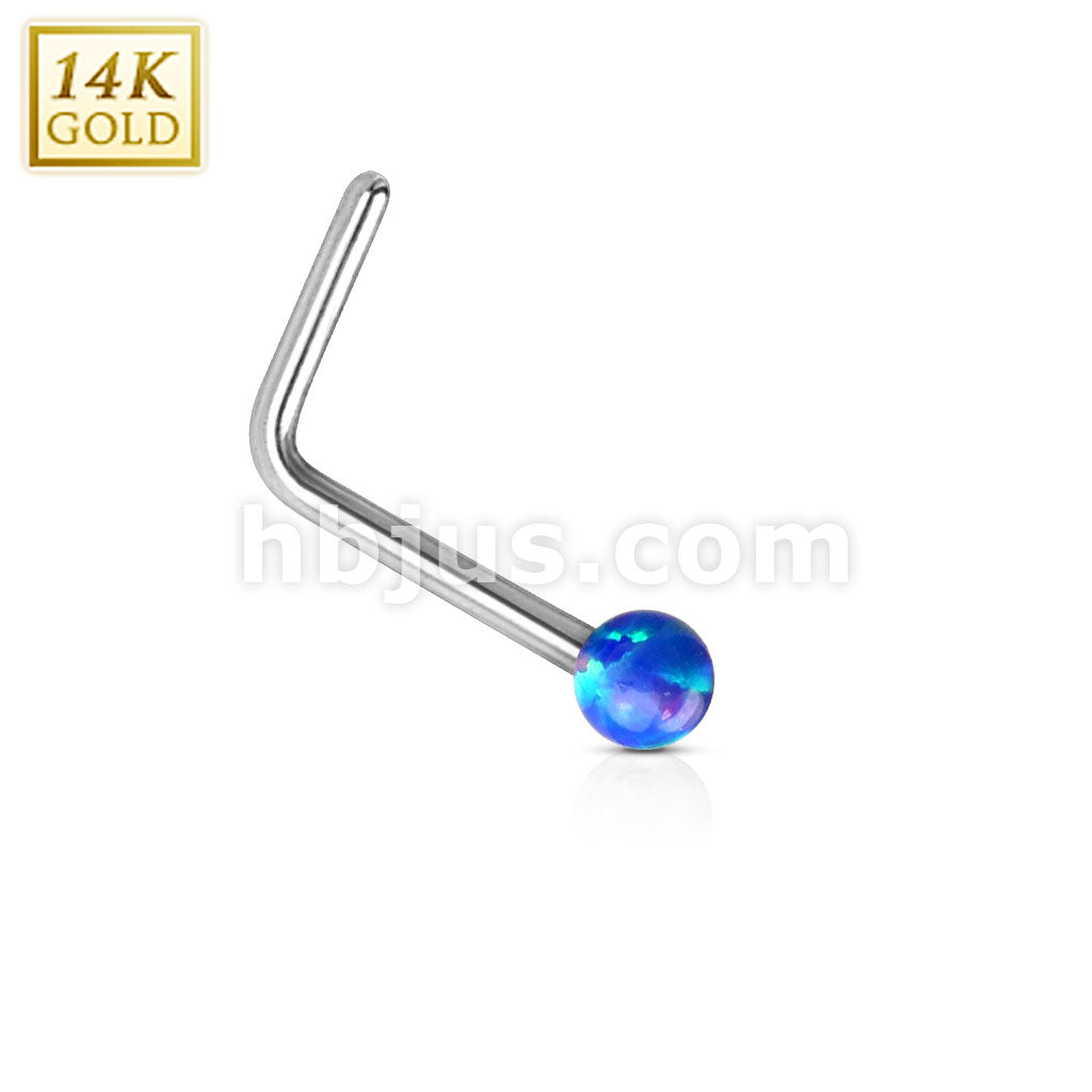 14KT  Gold 14Kt. White Gold L Bend Nose Stud Ring with Opal Ball - Image 3