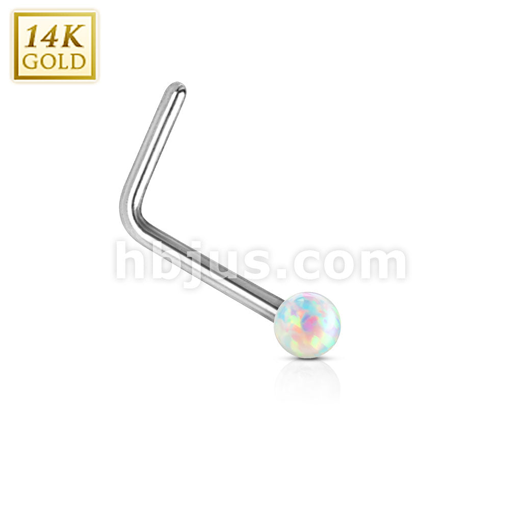 14KT  Gold 14Kt. White Gold L Bend Nose Stud Ring with Opal Ball - Image 4