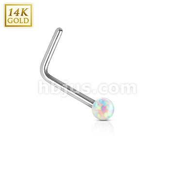14KT  Gold 14Kt. White Gold L Bend Nose Stud Ring with Opal Ball - Image 4