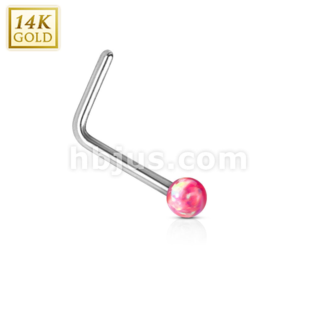 14KT  Gold 14Kt. White Gold L Bend Nose Stud Ring with Opal Ball - Image 6
