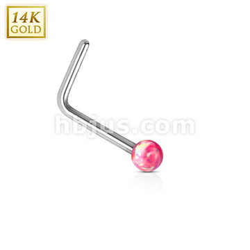 14KT  Gold 14Kt. White Gold L Bend Nose Stud Ring with Opal Ball - Image 6
