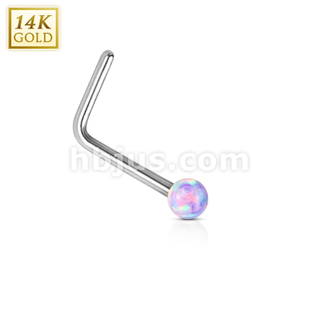 14KT  Gold 14Kt. White Gold L Bend Nose Stud Ring with Opal Ball - Image 7