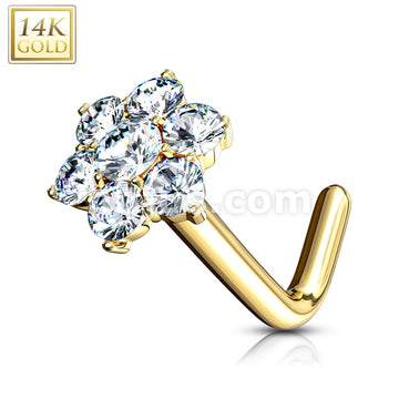 14KT  Gold 14K Solid Gold CZ Cluster Flower Nose Stud Ring - Image 3