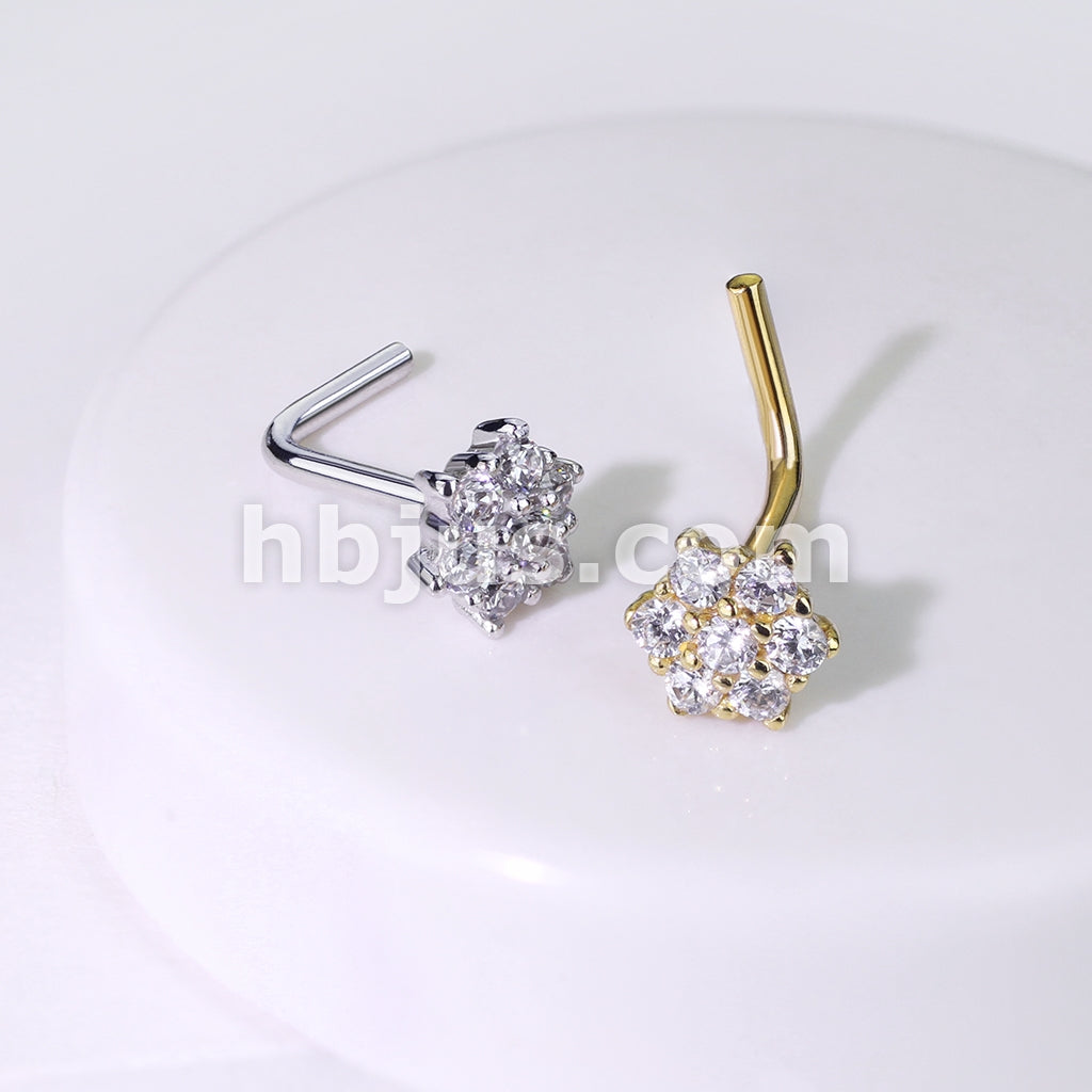 14KT  Gold 14K Solid Gold CZ Cluster Flower Nose Stud Ring - Image 6