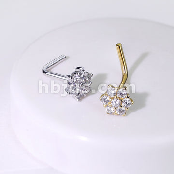 14KT  Gold 14K Solid Gold CZ Cluster Flower Nose Stud Ring - Image 6