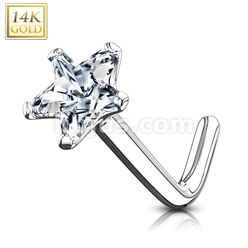 14KT  Gold 14Kt. Gold L Bend Nose Ring with Prong Set Star CZ - Image 2