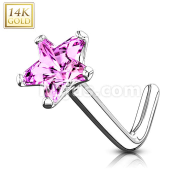 14KT  Gold 14Kt. Gold L Bend Nose Ring with Prong Set Star CZ - Image 3