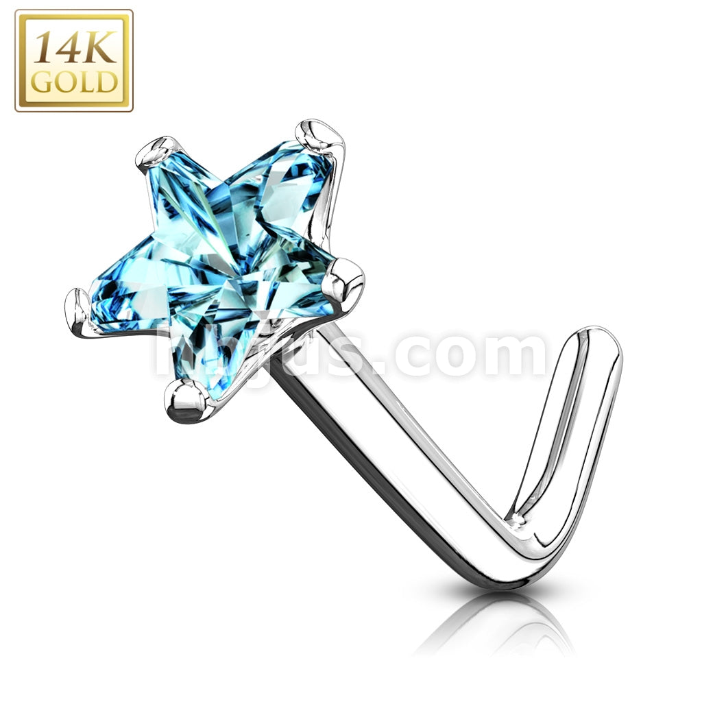 14KT  Gold 14Kt. Gold L Bend Nose Ring with Prong Set Star CZ - Image 4