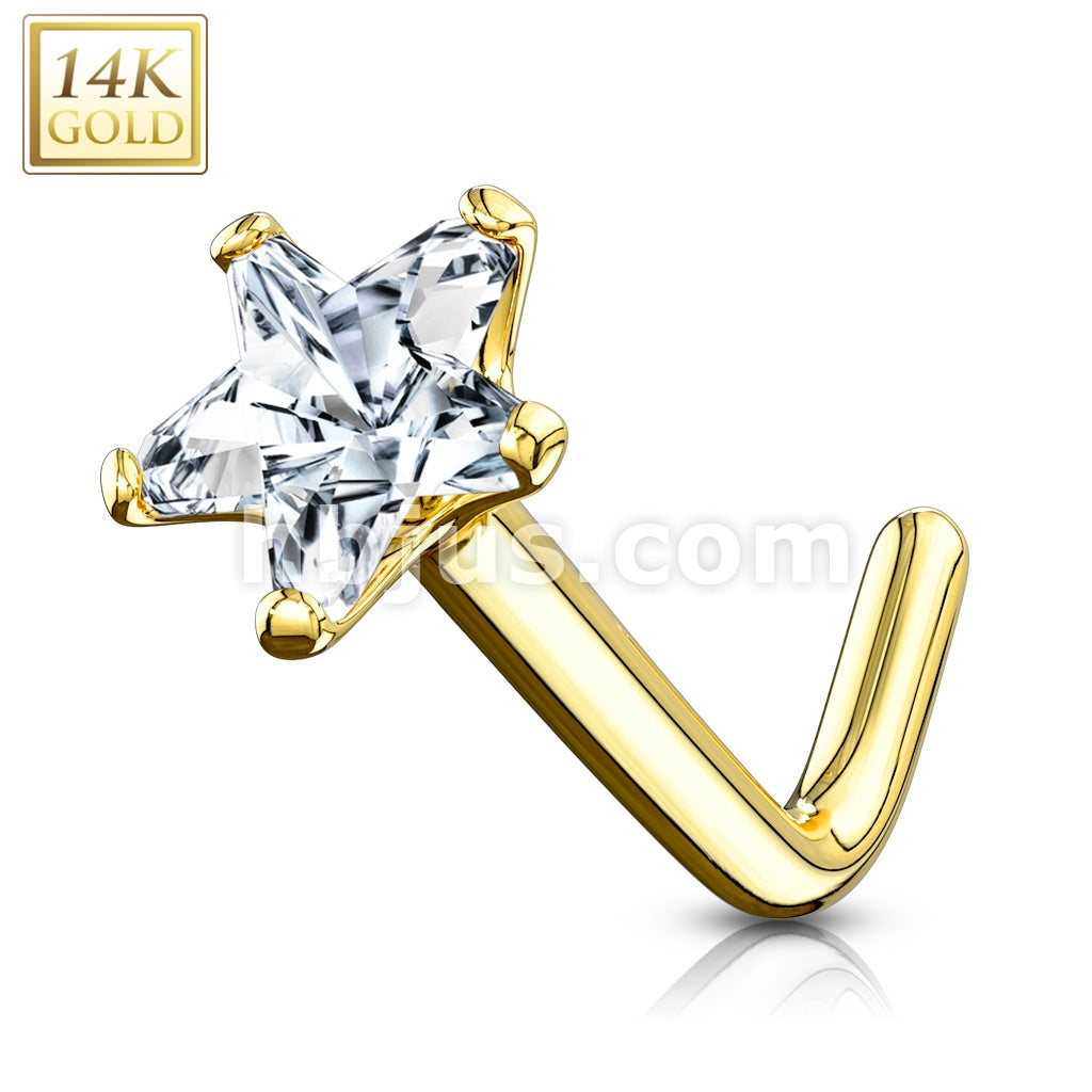 14KT  Gold 14Kt. Gold L Bend Nose Ring with Prong Set Star CZ - Image 5